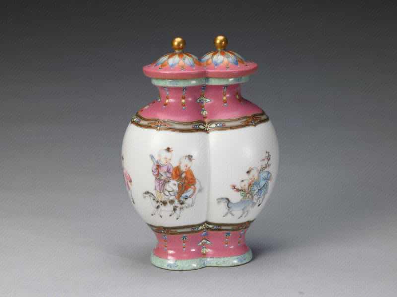 Qianlong-reign painted enamel (falangcai) double-body vase with children at play design, The Palace Museum