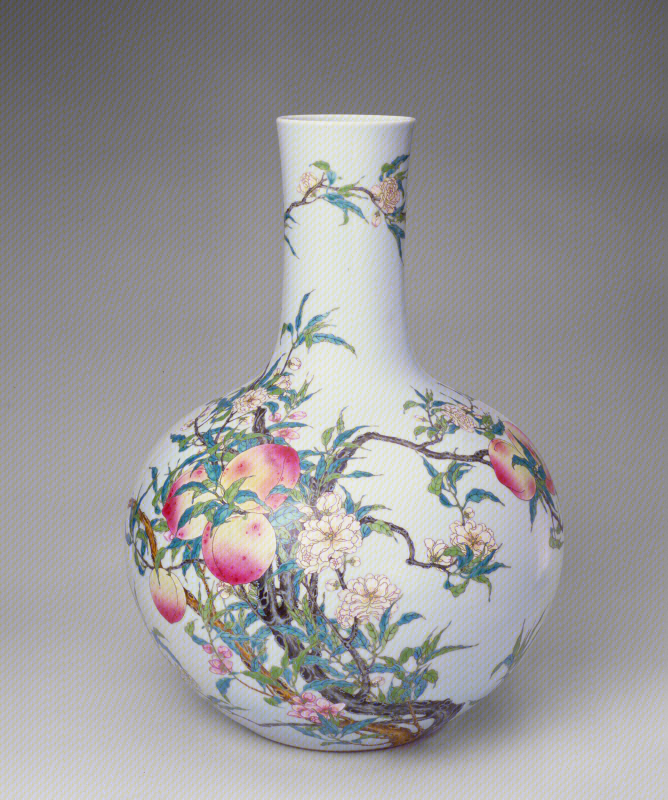 Qianlong-reign famille-rose (powder-enamel, fencai) celestial-sphere vase with nine-peach design, The Palace Museum