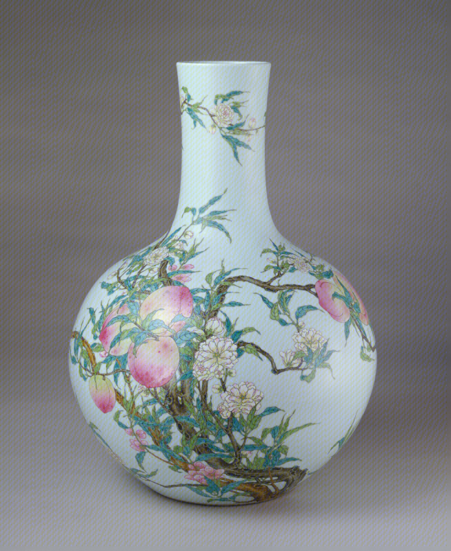 Qianlong-reign famille-rose (powder-enamel, fencai) celestial-sphere vase with nine-peach design, The Palace Museum